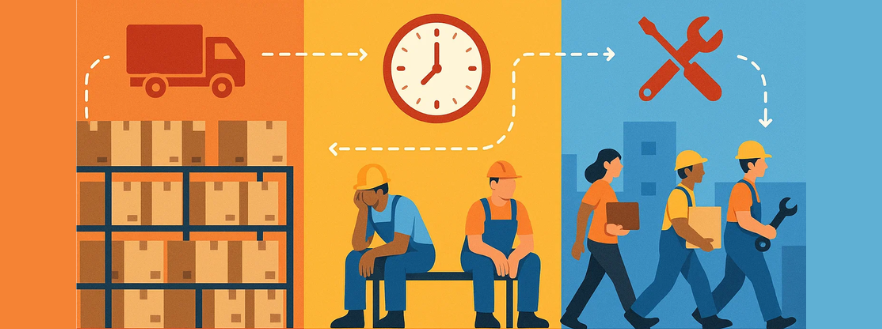 Diferentes áreas de desperdício em uma fábrica, como estoque excessivo e tempo ocioso, representando os 8 desperdícios do Lean