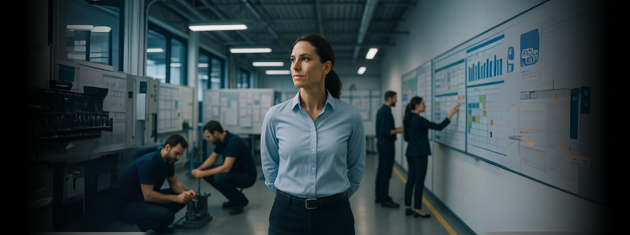Líder lean observa equipe em fábrica moderna, alinhando estratégia, execução e cultura organizacional.