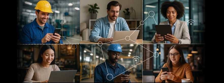 Equipe diversa conectada por dispositivos digitais e linhas de conexão digital.