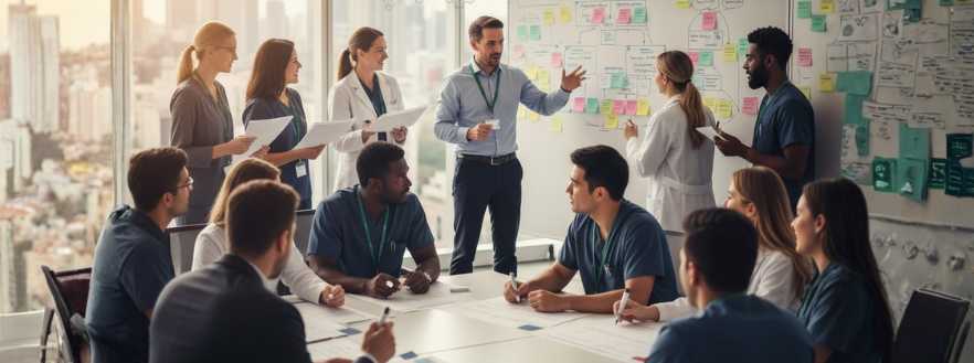 Equipe hospitalar em reunião de melhoria contínua; líder orienta profissionais diante de quadros Lean.
