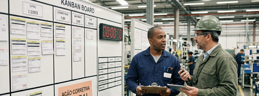 Auditoria lean no gemba: líder e operador analisando quadro de gestão visual com indicadores e prancheta