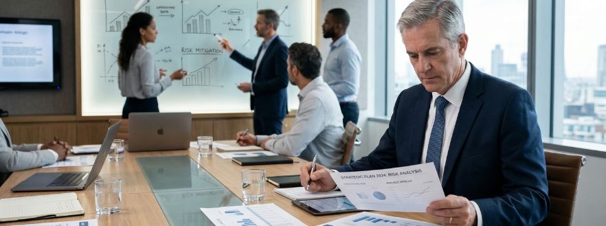 Executivo analisando critérios para contratar uma consultoria lean em ambiente corporativo moderno