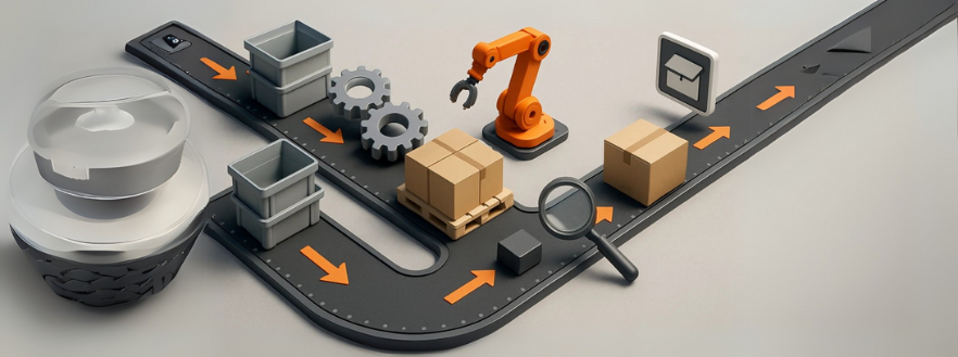 Esteira automatizada com robô e caixas simbolizando processos otimizados, representação de o que é Lean Manufacturing na prática.