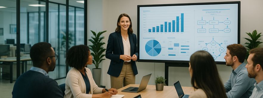 Profissionais em curso de gestão empresarial com foco em liderança e estratégia lean
