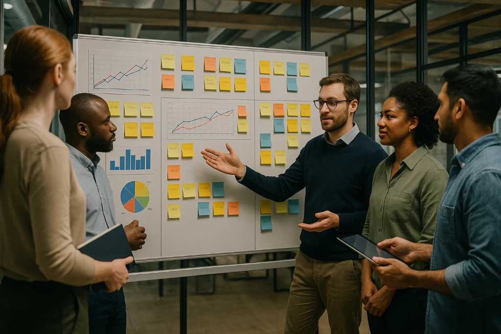 Líder lean e equipe interagem em frente a quadro visual, conectando liderança e práticas de melhoria contínua.
