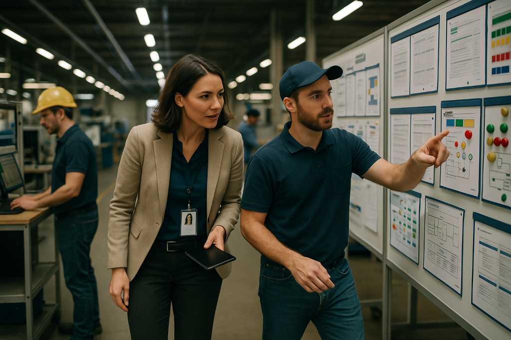 Líder lean em gemba walk com equipe, usando gestão visual para impulsionar melhoria contínua e transformação.
