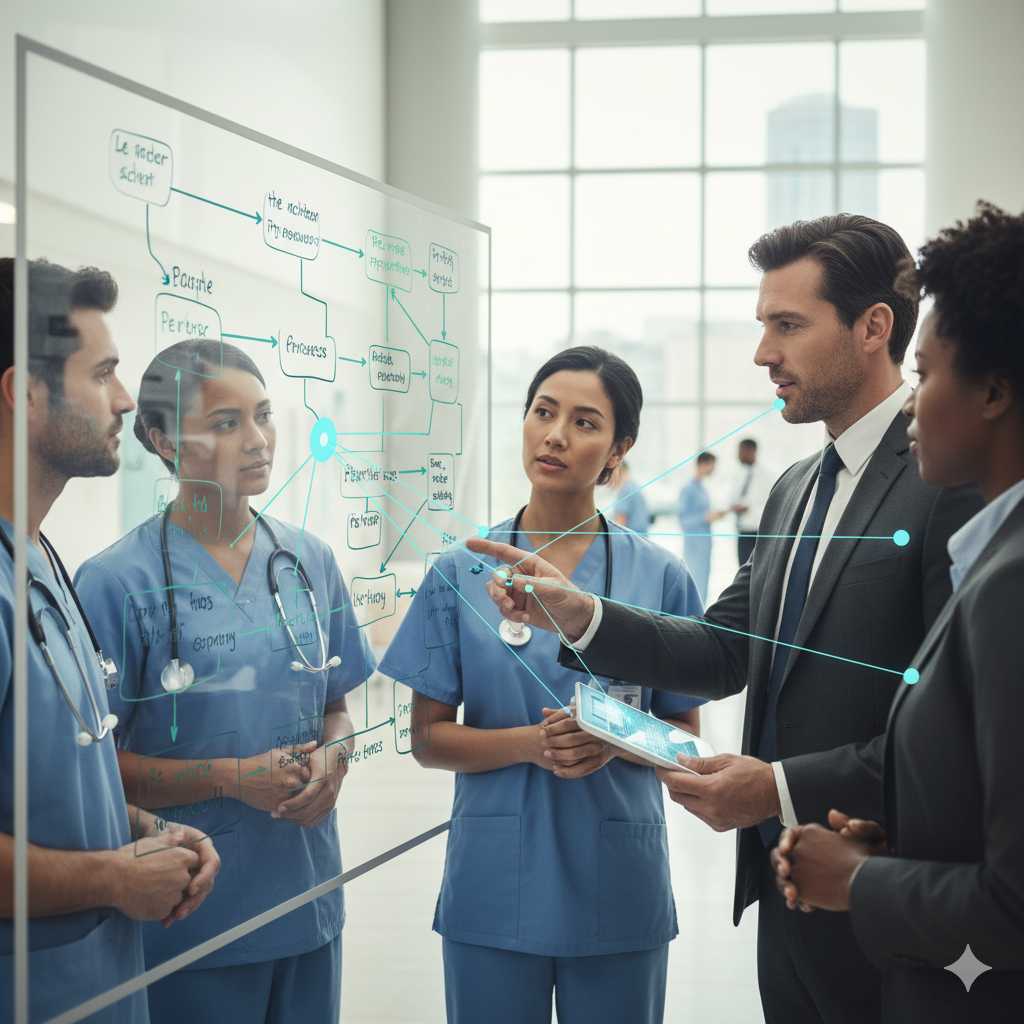 Líder orienta equipe de saúde diante de quadro visual, aplicando práticas de liderança Lean no hospital.