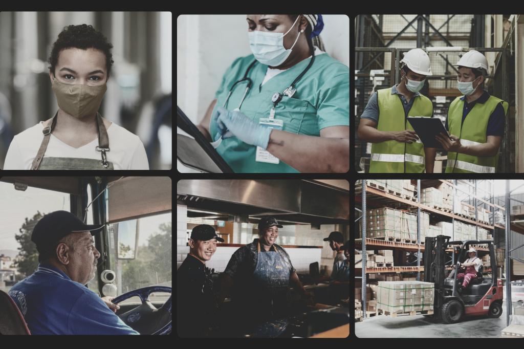 Colagem mostrando aplicação do Lean Thinking em diferentes áreas: saúde, logística, construção civil, transporte e serviços