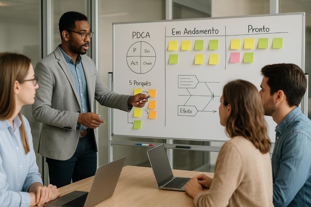 Líder orientando equipe em quadro visual, representando gestão Lean e aplicação do Lean Thinking nas empresas