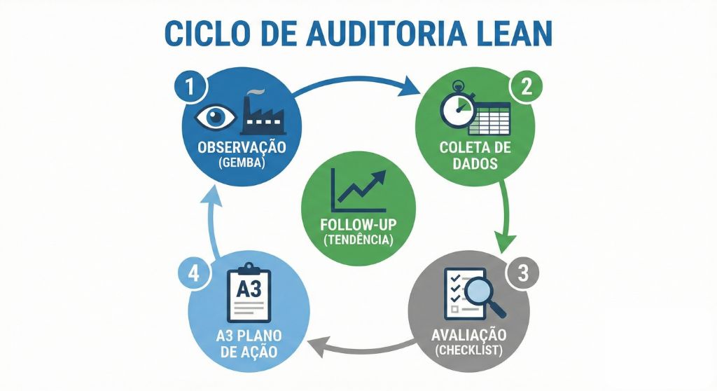 Infográfico ciclo da auditoria lean: observação no gemba, coleta de dados, avaliação, plano de ação e follow-up.