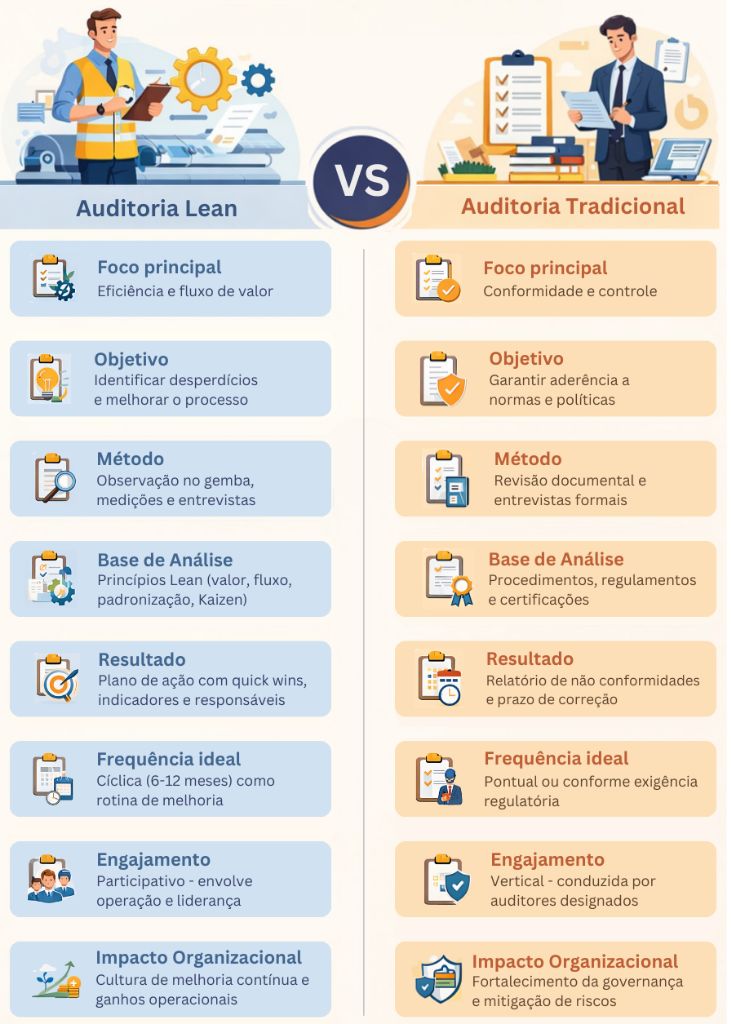 Infográfico compara auditoria Lean (fluxo/eficiência) vs tradicional (conformidade). Guia rápido para escolher a abordagem certa por objetivo: operacional ou regulatório.