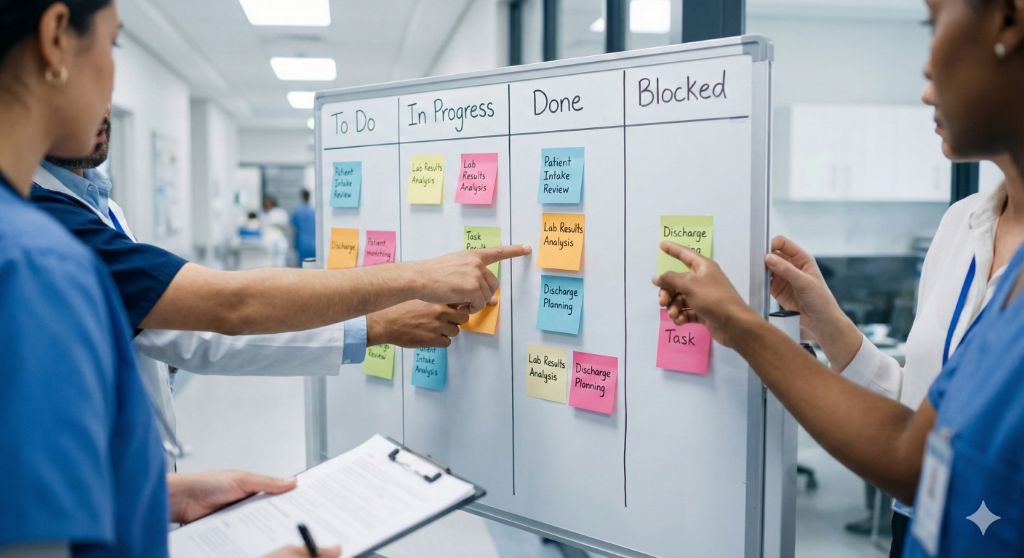 Equipe clínica em reunião de alinhamento visual, mostrando como o lean elimina desperdícios e melhora o fluxo.