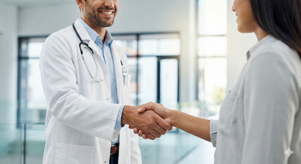 Paciente satisfeito durante atendimento oftalmológico, simbolizando sustentabilidade do negócio e excelência na saúde.