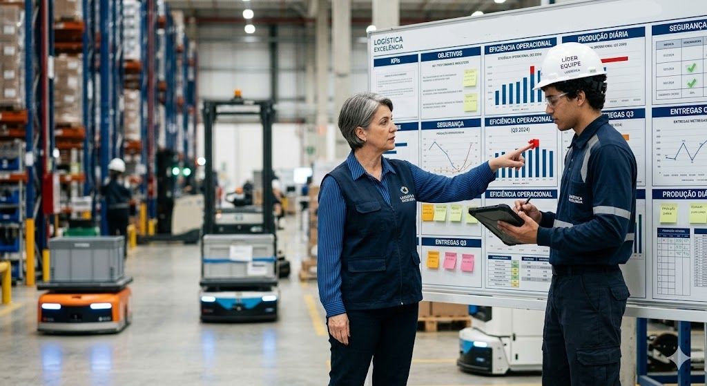 Consultora experiente orienta líder operacional junto ao painel de gestão diária, discutindo KPIs e melhorias no gemba.