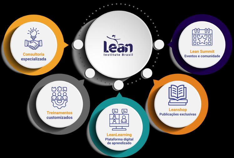Visão resumida em círculo dos pilares do LIB: consultoria, treinamentos customizados, plataforma de aprendizagem, publicações e eventos.