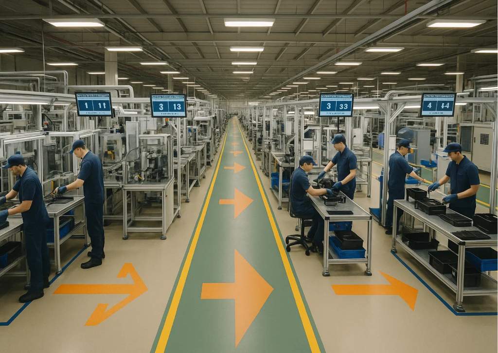 Linha de produção ilustrando o que é Lean Manufacturing, com fluxo contínuo, estações integradas e equipes colaborando em ambiente enxuto.