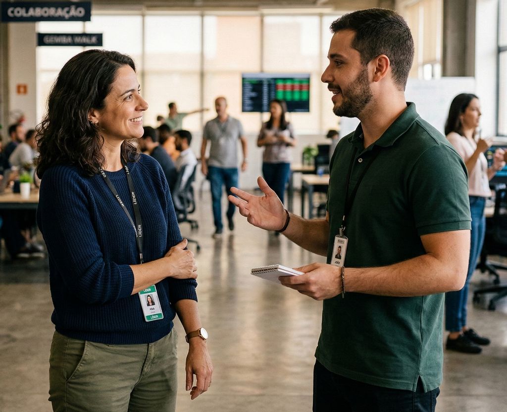 Líder praticando escuta ativa com colaborador em ambiente de trabalho, exemplificando a liderança lean e a segurança psicológica.