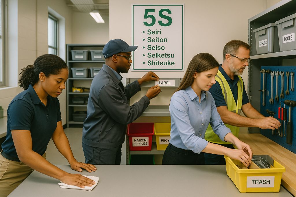 Equipe diversa de colaboradores aplicando as Ferramentas Lean, como os princípios do 5S, em ambiente industrial organizado, com quadros visuais, materiais etiquetados e ferramentas alinhadas.