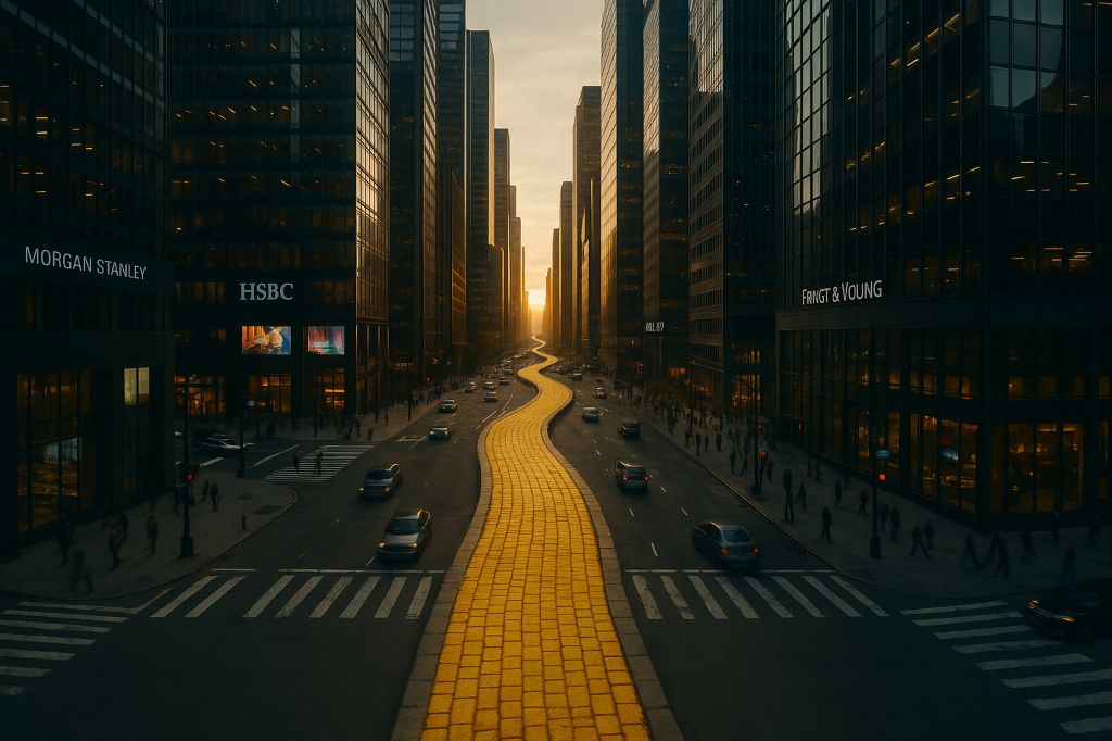 Caminho dourado sinuoso em cidade moderna, representando a jornada de transformação cultural e propósito organizacional.