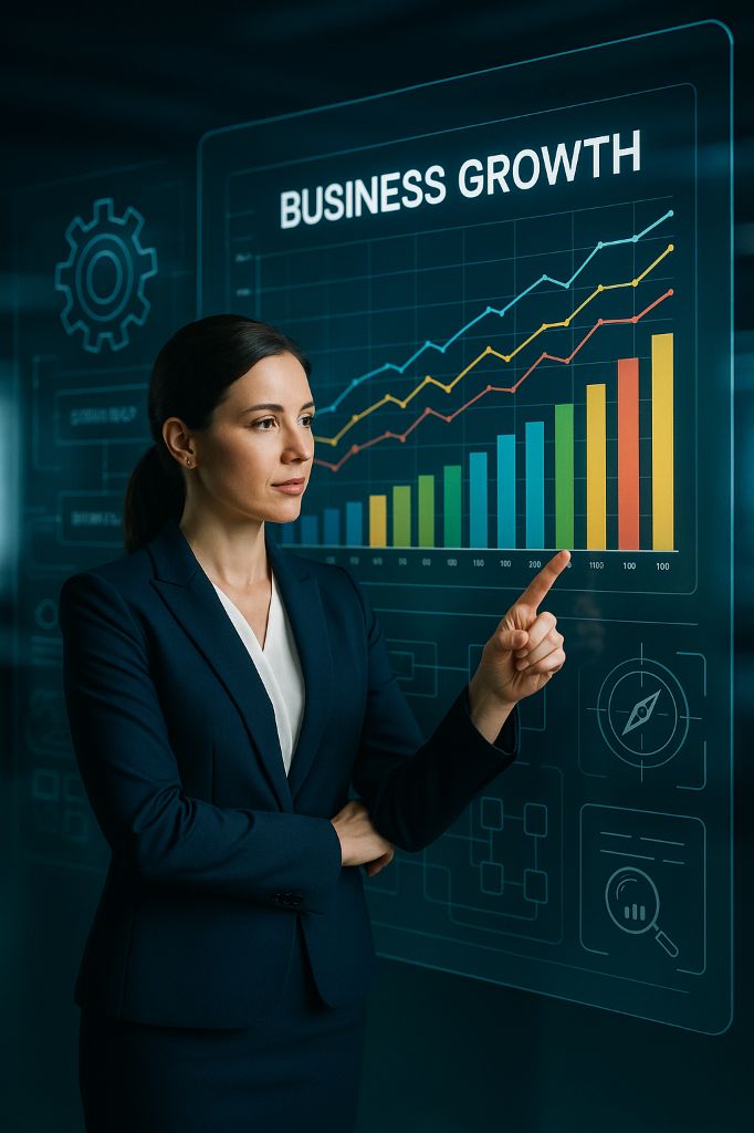 Executiva aponta gráfico digital de crescimento em escritório moderno com elementos estratégicos e holográficos.