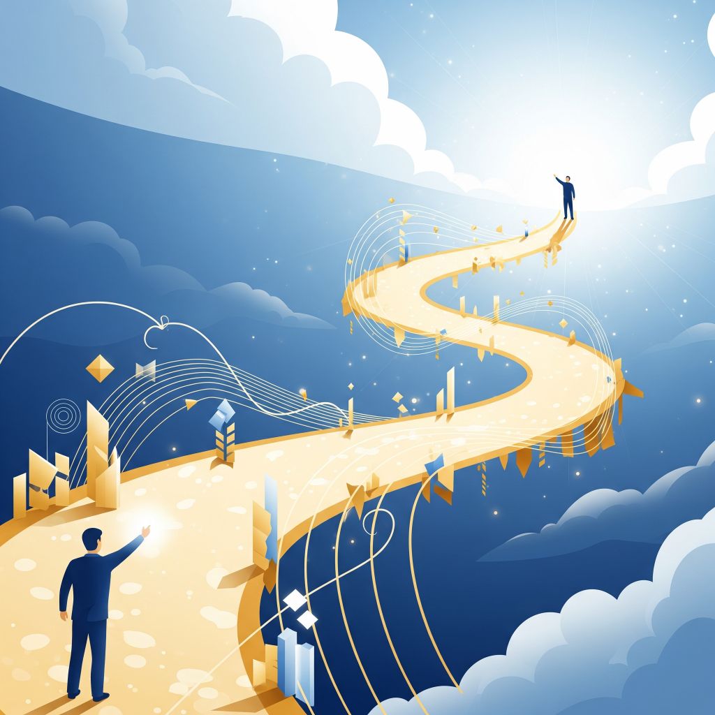 Caminho ilustrado para a excelência na gestão, representando a jornada de melhoria contínua e liderança estratégica.