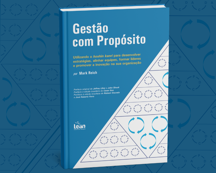 Capa do livro “Gestão com Propósito” – lançamento no Lean Summit 2025, triângulos PDCA e logo do Lean Institute Brasil.