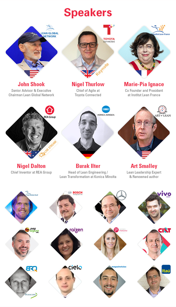 John Shook, Senior Advisor & Executive Chairman Lean Global Network —— Nigel Thurlow, Chief of Agile at Toyota Connected —— Marie-Pia Ignace, Co Founder and Presidentat Institut Lean France —— Nigel Dalton, Chief Inventor at REA Group —— Burak Ilter, Head of Lean Engineering/Lean Transformation at Konica Minolta —— Art Smalley, Lean Leadership Expert& Renowned author —— and other big companies.